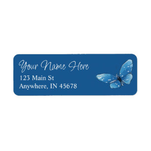 Blue Watercolor Butterfly on Blue Return Address Label