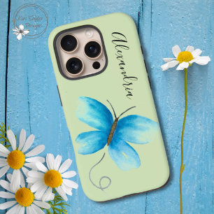 Blue Watercolor Butterfly on Green Personalised iPhone 16 Pro Case