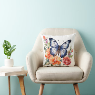 Blue Watercolor Butterfly Peach Red Bright Florals Cushion