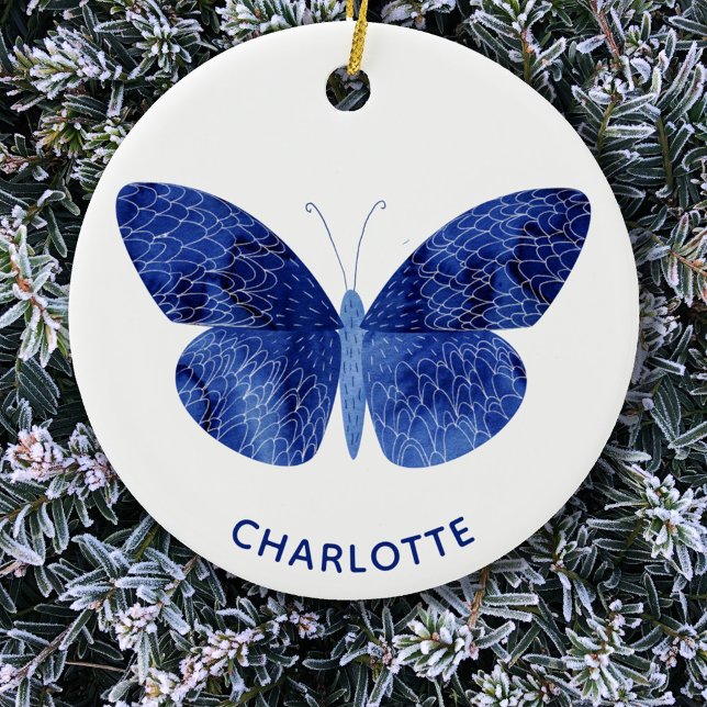 Blue Watercolor Butterfly Personalised Ceramic Ornament (Blue watercolor butterfly personalized name Christmas ornament)
