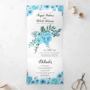 Blue watercolor cactus flowers wedding Tri-Fold invitation