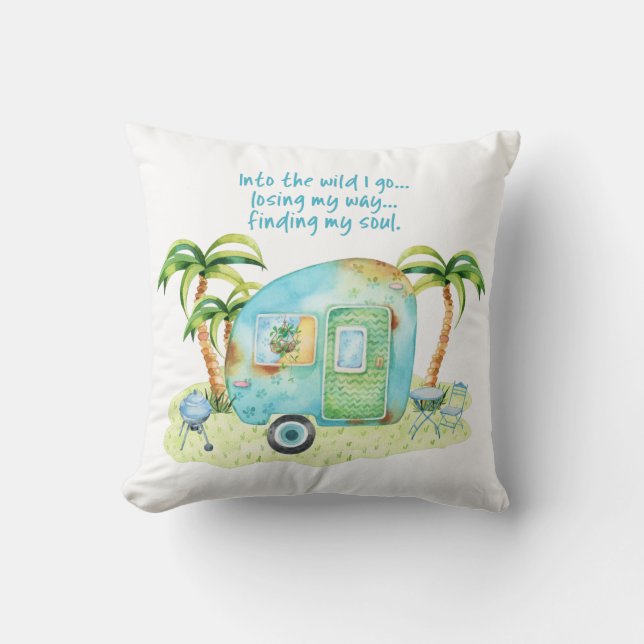 Blue Watercolor Camper Caravan - Finding My Soul Cushion (Front)