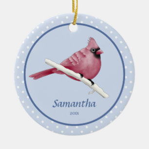 Blue Watercolor Cardinal Bird Personalised Name Ceramic Ornament
