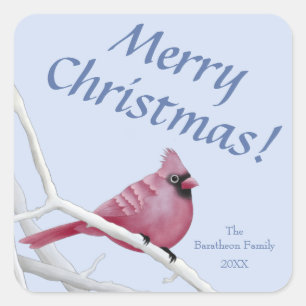 Blue Watercolor Cardinal Merry Christmas Square Sticker