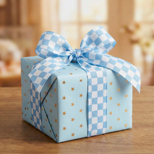 Blue Watercolor Checkered Racing Flag Satin Ribbon