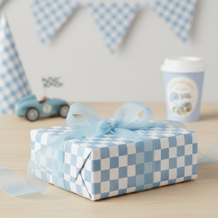 Blue Watercolor Checkered Racing Flag Wrapping Paper