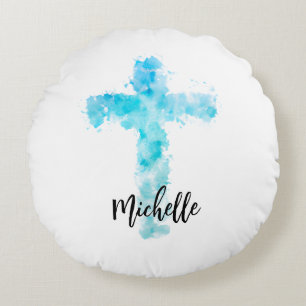 Blue Watercolor Christian Cross Baptism Round Cushion
