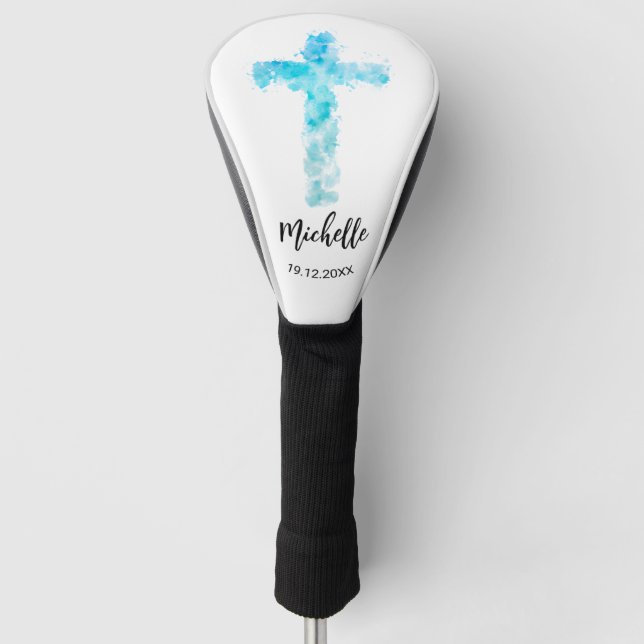 Blue Watercolor Christian Cross  Golf Head Cover (Front)