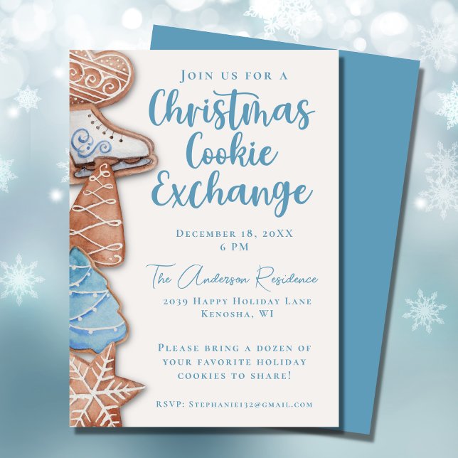 Blue Watercolor Christmas Cookie Exchange  Invitation (Creator Uploaded)