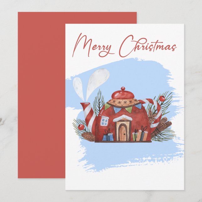 Blue Watercolor Christmas Teapot Holiday Card (Front/Back)