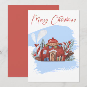 Blue Watercolor Christmas Teapot Holiday Card