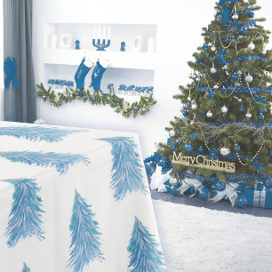 Blue Watercolor Christmas Tree Artistic Tablecloth