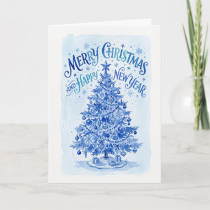Blue Watercolor Christmas Tree Holiday Card