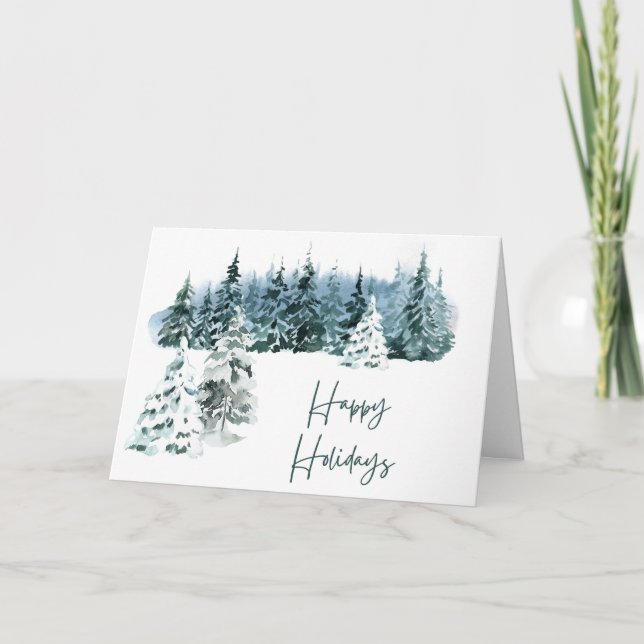 Blue Watercolor Christmas Tree Scene Card (Front)
