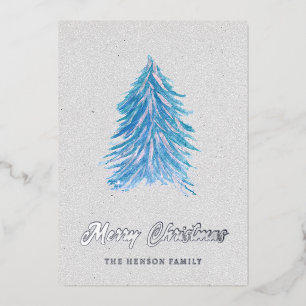 Blue Watercolor Christmas Tree Simple Merry  Foil Holiday Card