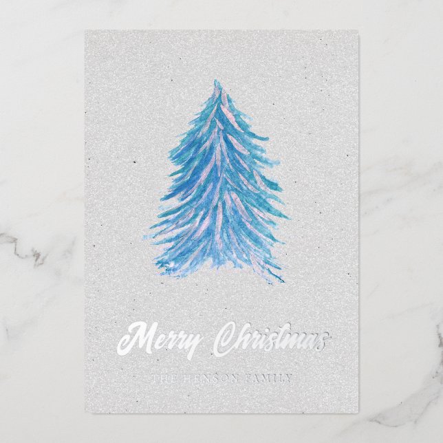 Blue Watercolor Christmas Tree Simple Merry  Foil Holiday Card (Front)