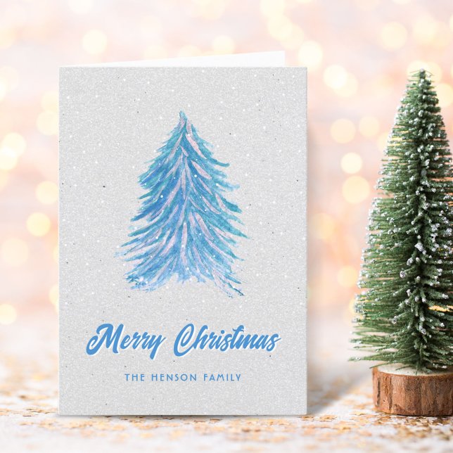 Blue Watercolor Christmas Tree Simple Merry  Holiday Card (Creator Uploaded)