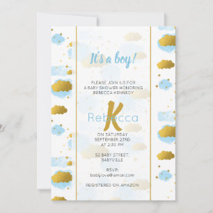 Blue Watercolor Clouds Gold Stars Sky Baby Shower Invitation