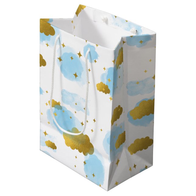 Blue Watercolor Clouds Gold Stars Sky Medium Gift Bag (Front Angled)
