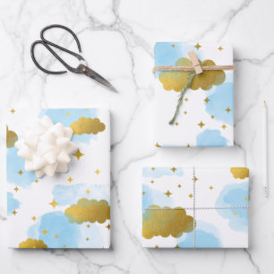 Blue Watercolor Clouds Gold Stars Sky   Wrapping Paper Sheet