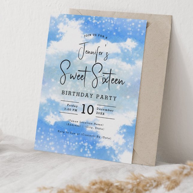 Blue Watercolor Clouds Sweet 16 Party Invitation (Blue Watercolor Clouds Sweet 16 Party Invitation)