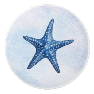 Blue Watercolor Coastal Beach Starfish Seashells   Ceramic Knob
