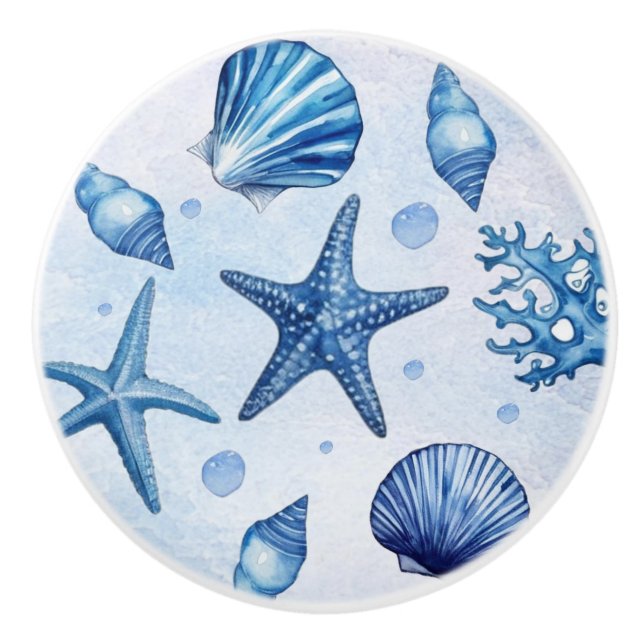 Blue Watercolor Coastal Beach Starfish Seashells   Ceramic Knob (Front)