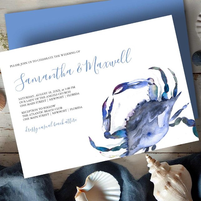 Blue Watercolor Coastal Crab Wedding Invitation (beach wedding invitations watercolor crab art by Victoria Grigaliunas Do Tell A Belle)