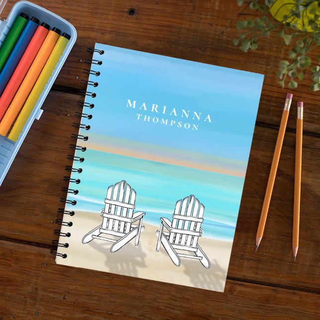 Blue Watercolor Coastal Personalised Notebook (Watercolor ocean blue with two Adirondack chairs sitting on the beach. )