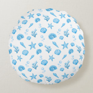 Blue Watercolor Coastal Seashell Starfish Round Cushion