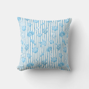 Blue Watercolor Coastal Seashell Stripe Cushion
