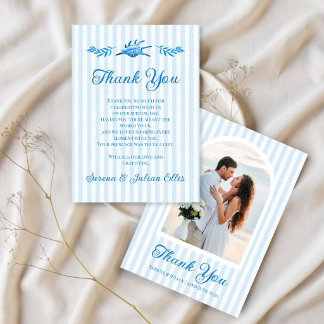 Blue Watercolor Coastal Stripe Photo Wedding Thank You Card