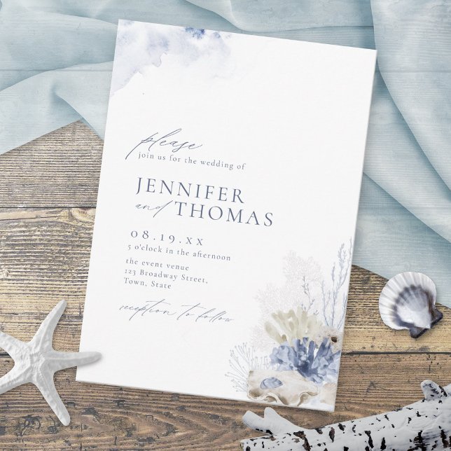 Blue watercolor coral & seashells beach wedding invitation (Creator Uploaded)
