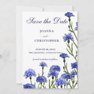 Blue Watercolor Cornflowers Floral Boho Save The Date