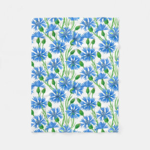 Blue watercolor cornflowers, wild flowers on white fleece blanket