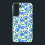 Blue watercolor cornflowers, wild flowers on white samsung galaxy case<br><div class="desc">Cornflowers painted with watercolors on paper then pattern done in Photoshop.</div>