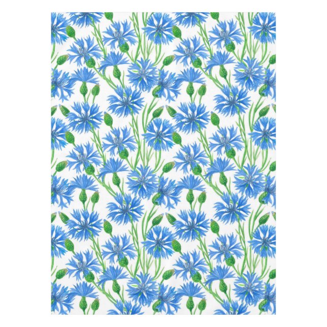 Blue watercolor cornflowers, wild flowers on white tablecloth (Front)