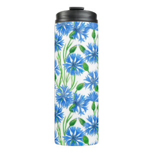 Blue watercolor cornflowers, wild flowers on white thermal tumbler
