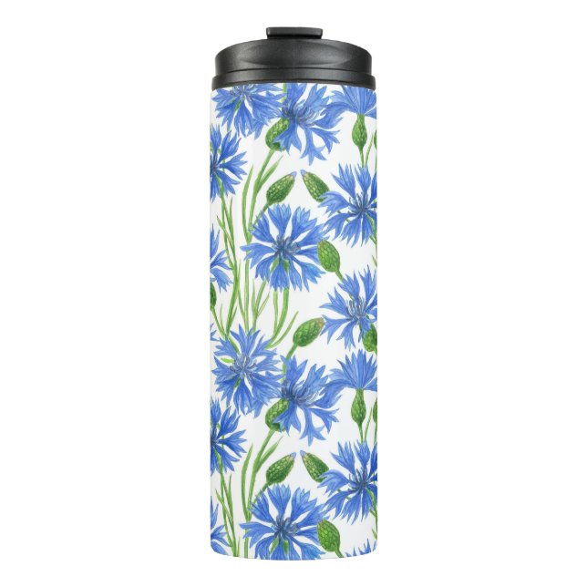 Blue watercolor cornflowers, wild flowers on white thermal tumbler (Front)