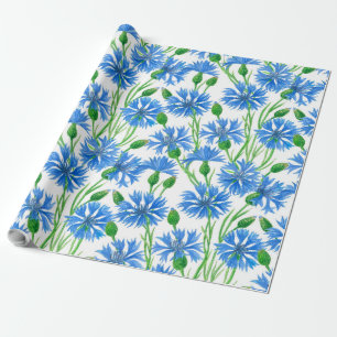 Blue watercolor cornflowers, wild flowers on white wrapping paper