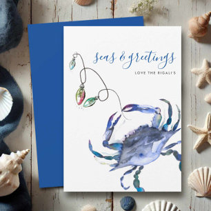 Blue Watercolor Crab Christmas Card