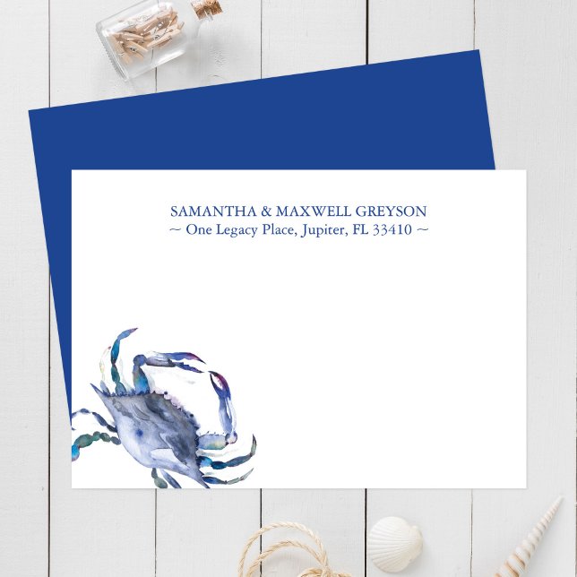 Blue Watercolor Crab Personalized Stationery Card (Business note cards watercolor blue crab personalized )