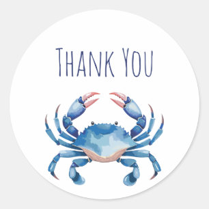 Blue Watercolor Crab Thank You Sticker
