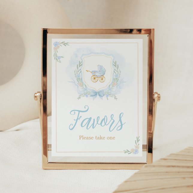 Blue Watercolor Crest Baby Shower Favours Poster (Blue Gold Carriage Crest Baby Shower Favor Sign)