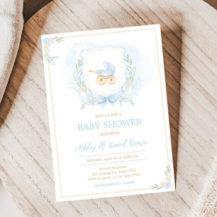 Blue Watercolor Crest Baby Shower  Invitation