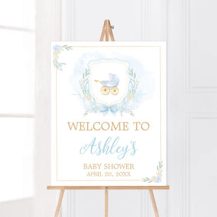Blue Watercolor Crest Baby Shower Welcome Poster