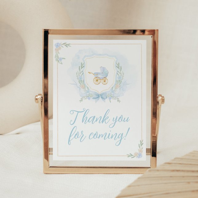 Blue Watercolor Crest Thank you for Coming Poster (Blue Gold Carriage Crest Baby Shower Thank you for Coming Sign)