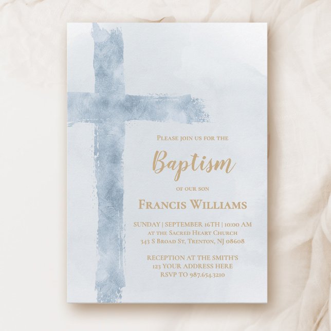 blue watercolor cross Baptism  Invitation (Creator Uploaded)