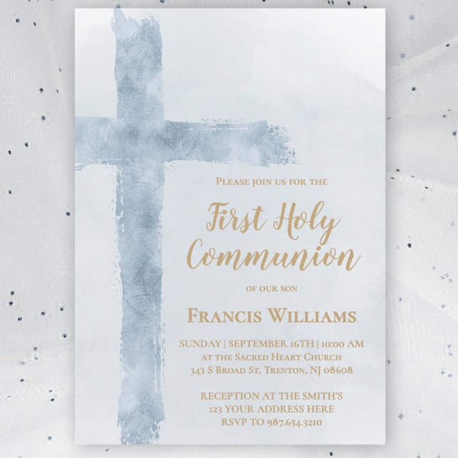 blue watercolor cross First Holy Communion Invitation (Creator Uploaded)