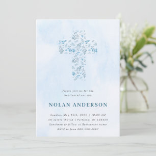 Blue Watercolor Cross in Calligraphy Baptism Boy Invitation